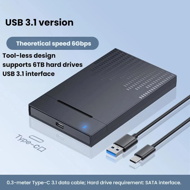 TISHRIC Externes Festplattengehäuse für 2,5 Zoll SATA SSD und HDD, USB-C zu USB 3.0, Schwarz - Bild 1