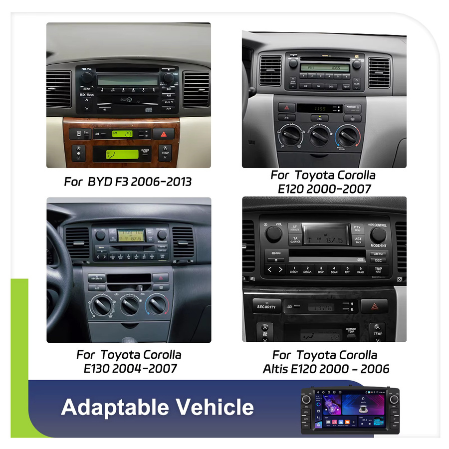 Podofo Carplay Android Autoradio mit GPS für Toyota Corolla E120 2000-2007, E130 2004-2007 und BYD F3 2006-2013 in Schwarz - Bild 2