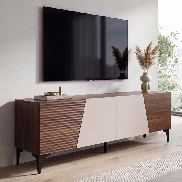 MCW TV-Rack MCW-Q83 Lowboard in Walnuss-Optik mit 3D-Struktur und Staufächern, B/T/H: 160 x 42 x 55 cm - Bild 1