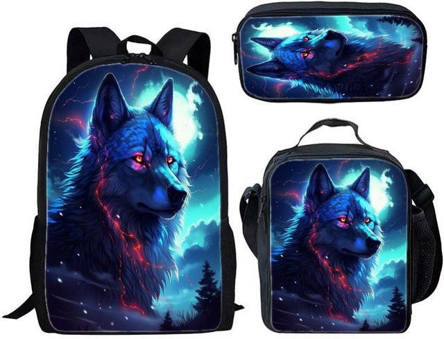 Fancy Style Studio Schulset Wolf Blau mit Rucksack, Brotdose und Federmäppchen für Kinder und Grundschüler - Bild 1
