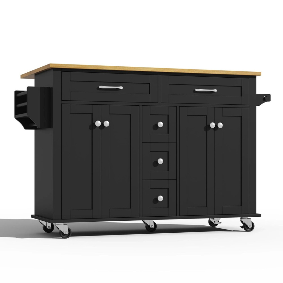 okwish Küchenwagen mit ausklappbarer Arbeitsplatte und Schubladen, Schwarz, B: 140 cm, T: 40-65 cm, H: 89 cm - Bild 2