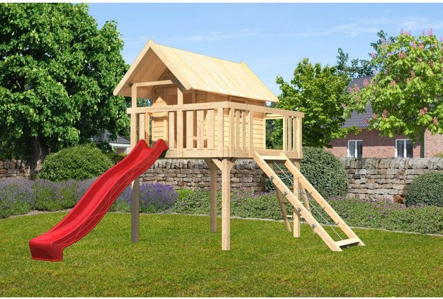 Karibu Stelzenhaus Fidel Set in Natur mit roter Wellenrutsche und Netzrampe, Spielturm B/H/T: 198 x 329,5 x 243 cm, Farbe: Natur/Braun - Bild 1