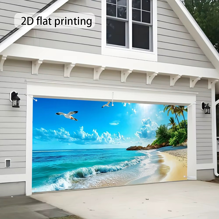 Blaues Polyester-Banner mit Ozean, Himmel, Palmen und Möwen für Garagentore und zur Dekoration im Innen- und Außenbereich - Bild 4