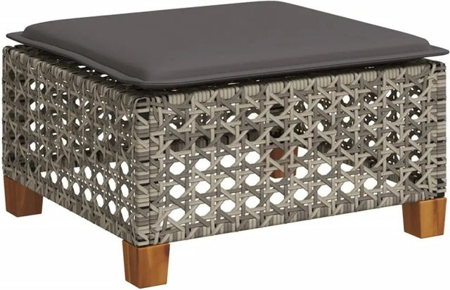 vidaXL Gartenhocker aus Poly Rattan und Akazienholz mit Kissen in Grau, B/T/H: 63,5 x 56 x 32 cm - Bild 1