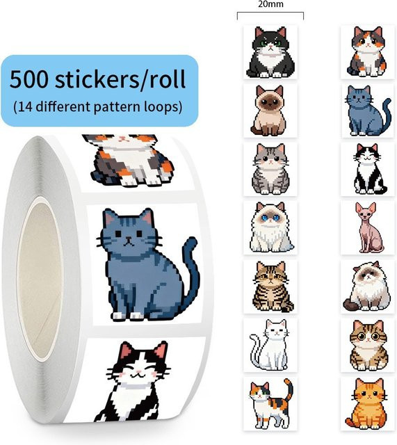 500 Stück Pixel-Katzen-Aufkleber auf Rolle in Multicolor von LanLanStickersWorld für Notizbücher und DIY-Bastelverzierungen - Bild 1
