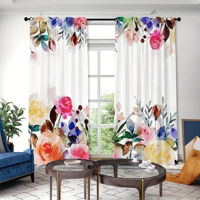 2er-Set dekorative Fenstergardinen mit buntem Blumenmuster von Yiran Furniture, semi-transparent, Farbe: Mehrfarbig, B/H: 100 x 130 cm - Bild 1