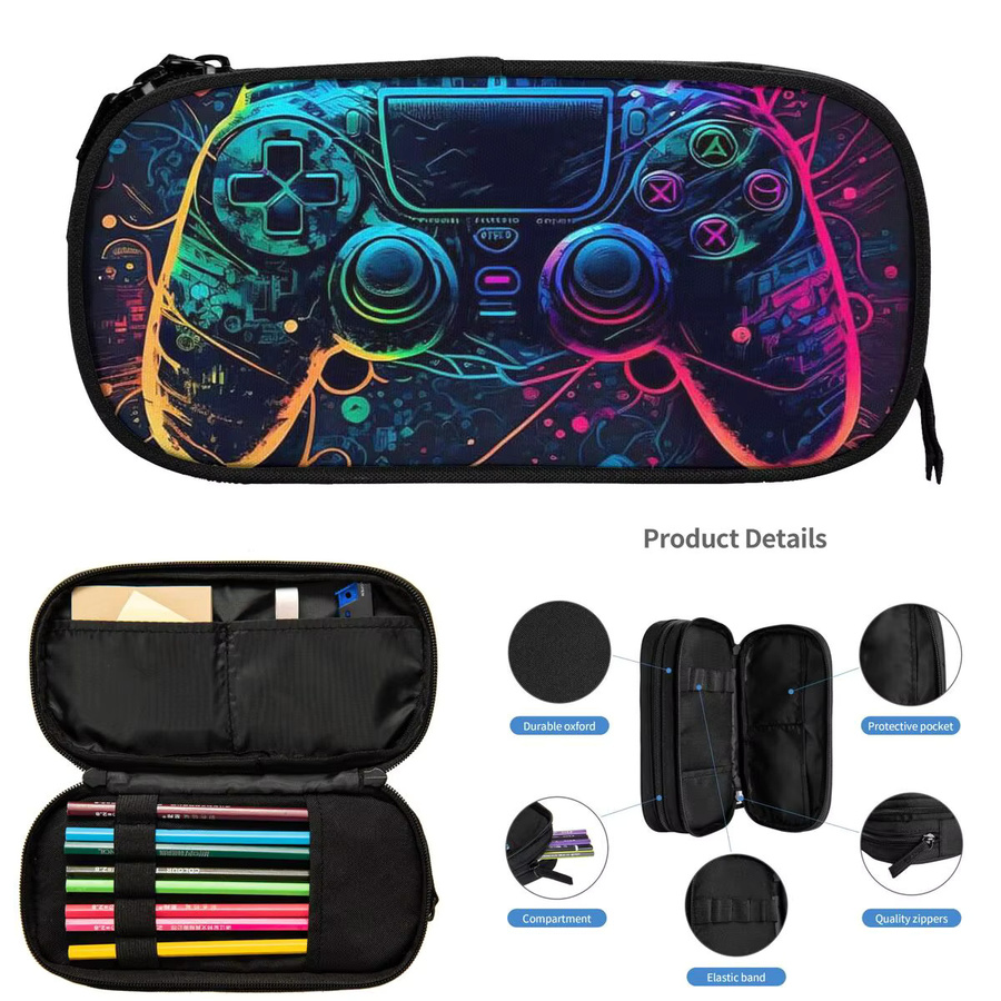Federmäppchen mit Neonlicht-Gamecontroller-Design in Schwarz und Multicolour, große Stiftbox aus Textil für die Schule - Bild 3