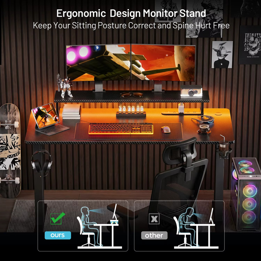 FRODROVIA Ergonomischer Gaming-Schreibtisch in Schwarz mit höhenverstellbarer Tischplatte und Monitorständer - Bild 3