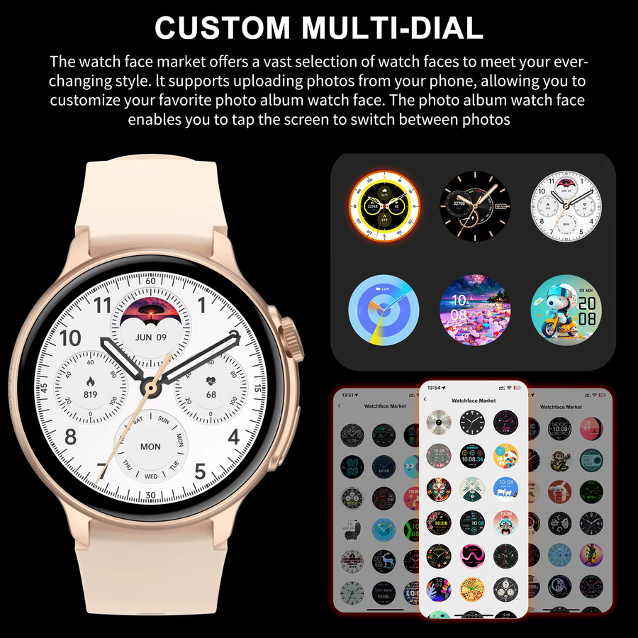 Uhoofit Smartwatch mit 1,43 Zoll AMOLED HD-Bildschirm in Schwarz, Bluetooth-Anruf, Herzfrequenzmessung, Sportfunktionen und Sprachassistent, wasserdicht, Unisex - Bild 3