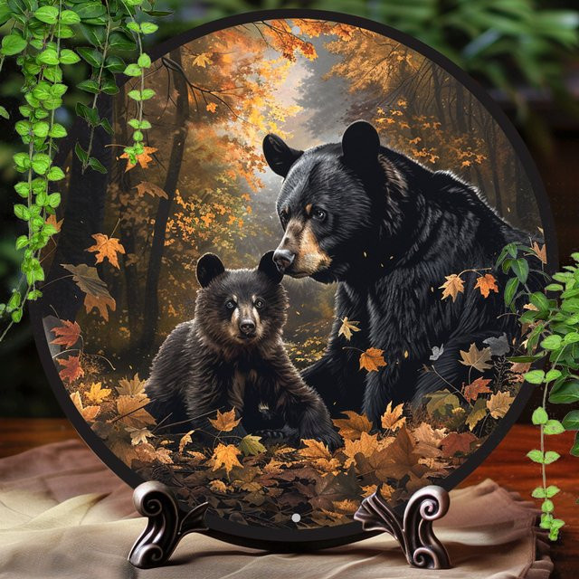 Rundes Aluminium-Wanddekorschild Potdemiel Black Bear & Cub in Schwarz und Multicolour, Durchmesser: 20 cm - Bild 1