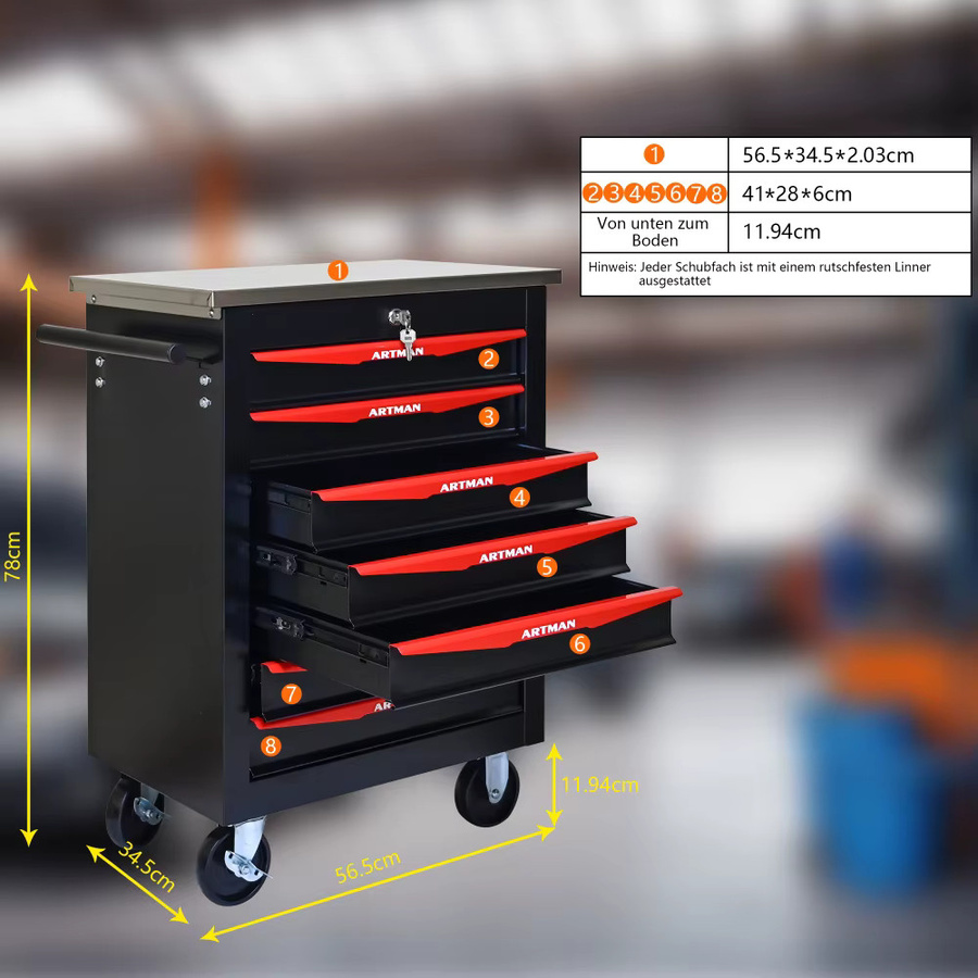 BLACK&RED Werkzeugwagen aus Metall mit 7 Schubladen und Edelstahldach, Schwarz & Rot, B/T/H: 78,0 x 56,5 x 34,5 cm - Bild 5