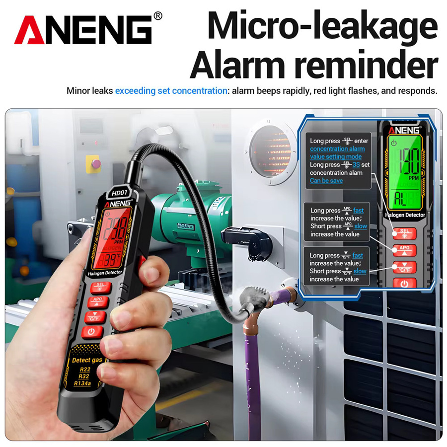 ANENG HD01 Kältemittel-Leckdetektor in Schwarz, hochempfindlicher Halogen-Gasdetektor und Freon-Lecktester für Autoklimaanlagen (R22, R32, R134a) - Bild 3