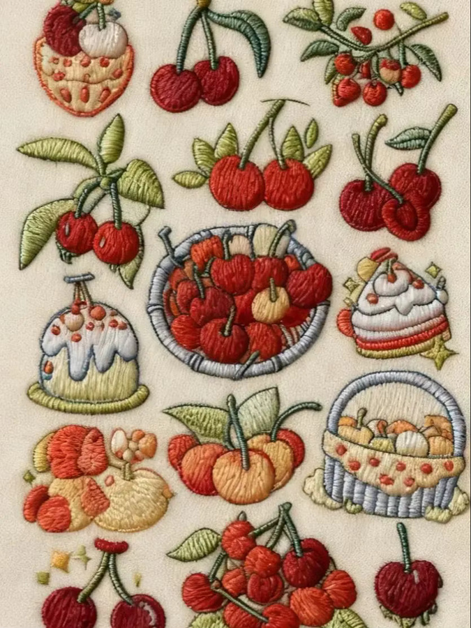 4 Stück wasserlösliche Kirsch-Stickaufkleber mit vorgedruckten Obstmustern aus Vliesstoff zum Selbermachen - Bild 2
