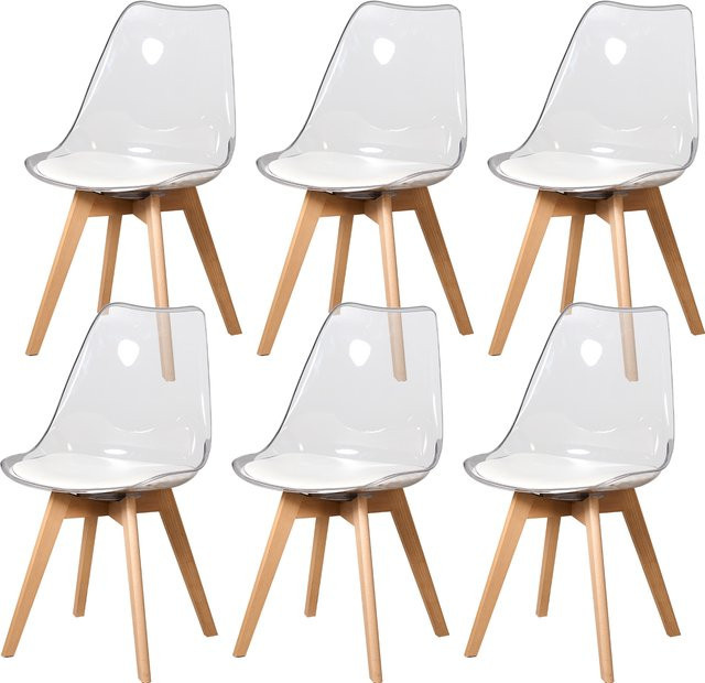 Set aus 4 oder 6 gepolsterten Esszimmerstühlen von GrandCA HOME mit transparenten Acrylsitzen, weißen PU-Kissen und Buchenholzbeinen für dein Esszimmer, deine Küche oder dein Wohnzimmer - Bild 1