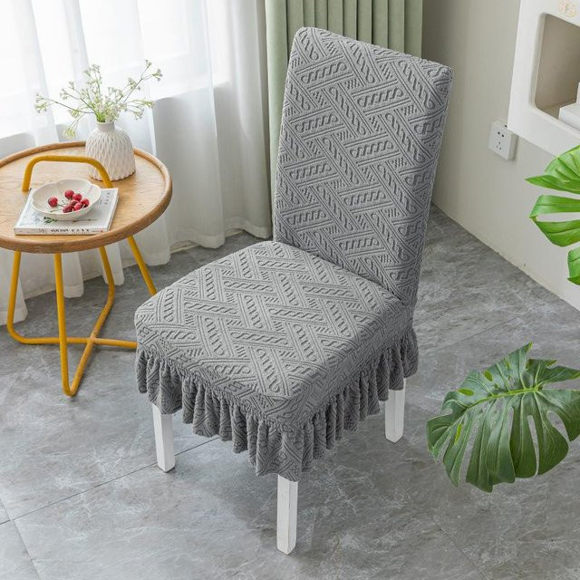 Elastische Jacquard Stuhlhusse für Esszimmerstühle mit Rocksaum, Grau, 1 Stück - Bild 1