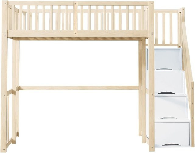 Merax Hochbett für Kinder in skandinavischem Design aus Kiefer und MDF, Farbe Weiß und Holz, mit Stauraumleiter und Seitenfächern, B/T/H: 200 x 140 x 147 cm - Bild 1