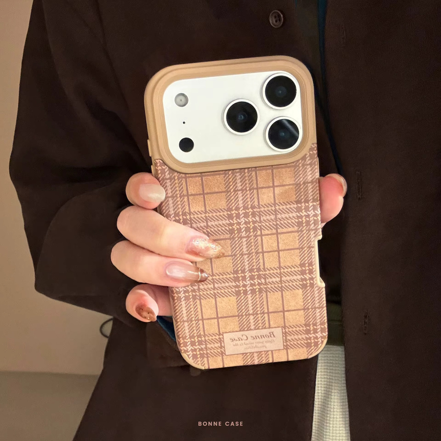 MUQGEW Handyhülle mit koreanischem Gittermuster und Lederstruktur für iPhone 11 bis iPhone 17 Pro Max Plus, stoßfest und schützend, Farbe: Braun - Bild 2