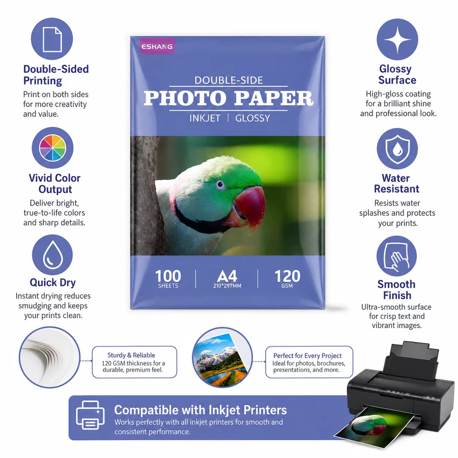 ESHANGA Doppelseitiges Fotopapier A4, 100 Blatt, Glänzend, Weiß, 120 g/m², für Inkjet-Drucker - Bild 4