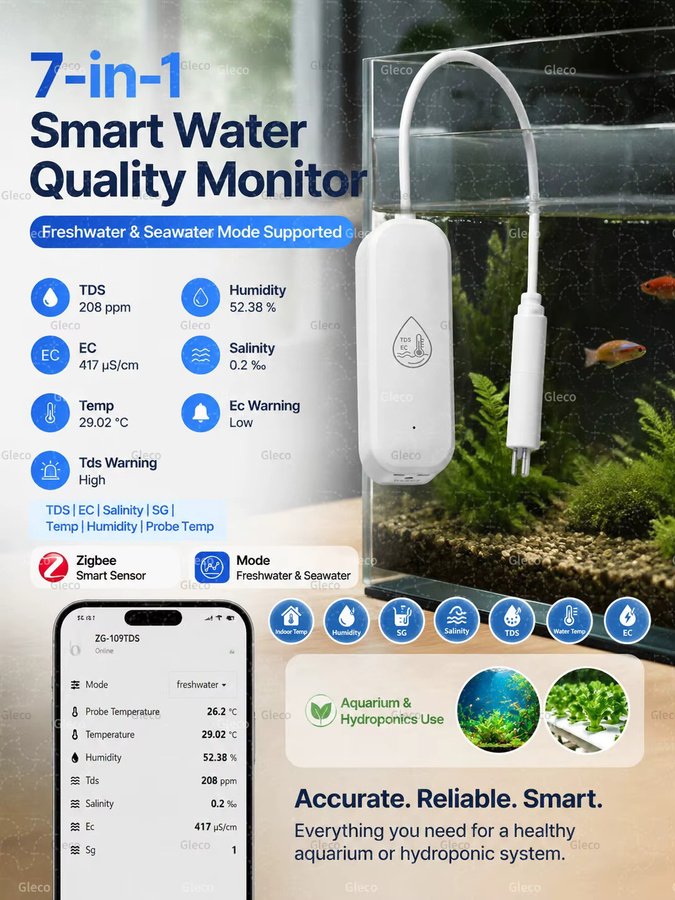 Coolo 7in1 Zigbee Wasserqualitätssensor in Weiß mit Temperatur-, Feuchtigkeits-, TDS-, EC-, Salzgehalt- und SG-Tester für Home Assistant und 2MQTT - Bild 1