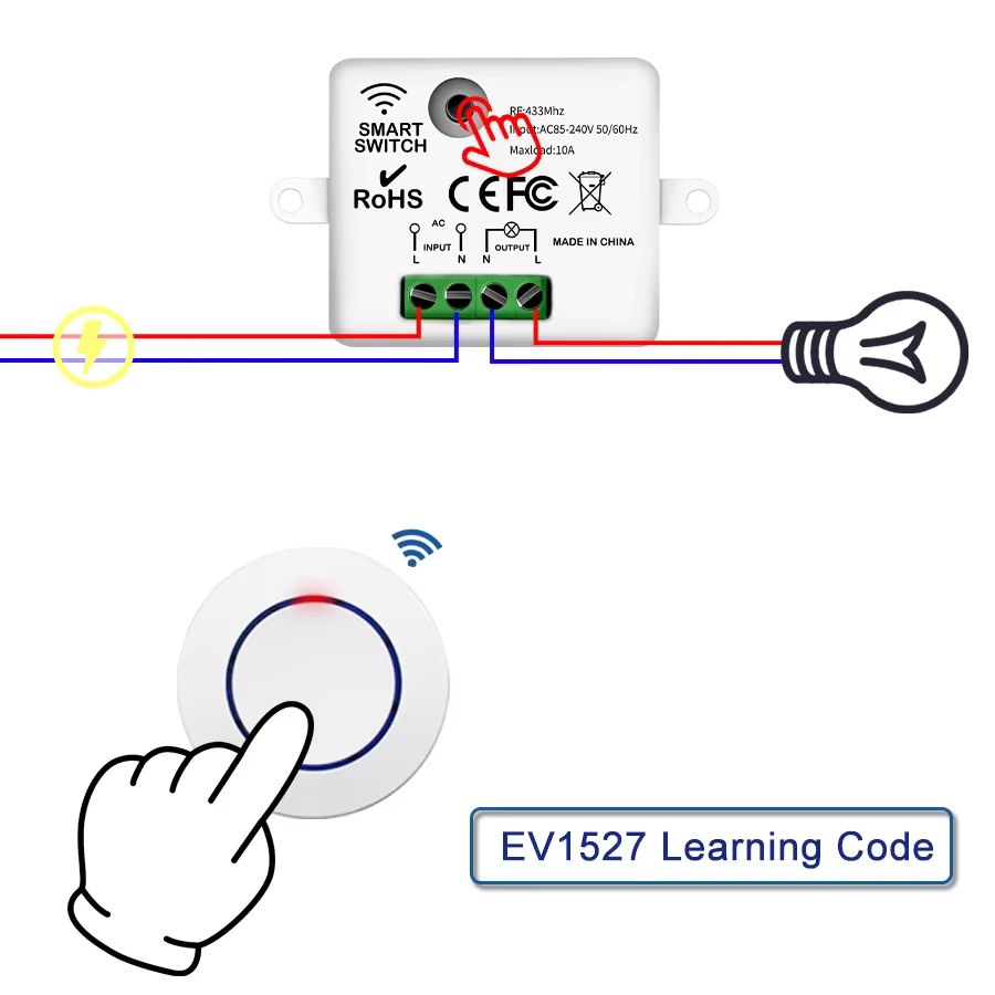 Drahtloser RF 433 MHz Lichtschalter als DIY Relais Controller Modul mit runder Fernbedienung für LED-Beleuchtung, Weiß - Bild 2