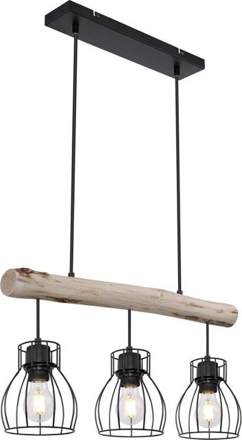Globo Pendelleuchte Mina in Schwarz und Natur aus Holz und Metall mit 3 E27 Fassungen, Breite: 60 cm, Höhe: 140 cm - Bild 1