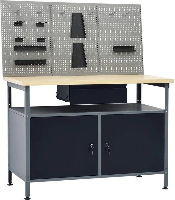 vidaXL Werkbank mit 3 Werkzeugwänden in Schwarz und Grau, höhenverstellbar, Stahl und Holz, B: 120 cm, T: 60 cm, H: 85 cm bis 105 cm - Bild 1