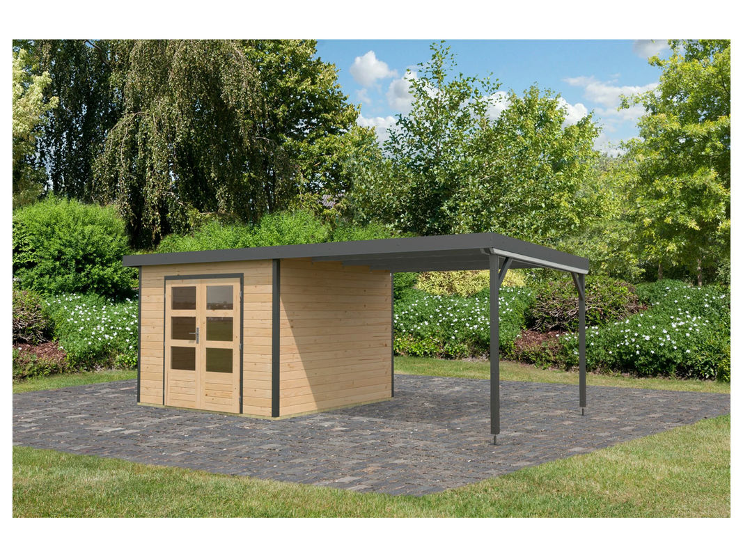 KARIBU Gartenhaus Premium Hybrido mit Anbaudach in Natur und Anthrazit - Bild 3