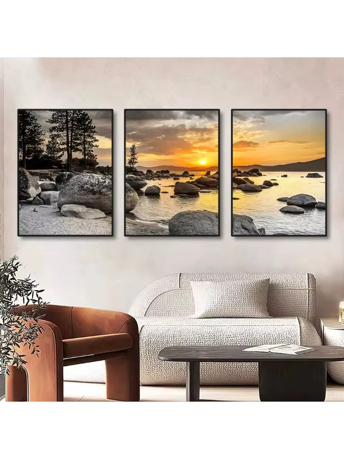 3-teiliges Set Rahmenlose Leinwandgemälde Sonnenuntergang am Meer, Naturlandschaft Wandkunst in Multicolour von Potdemiel - Bild 2