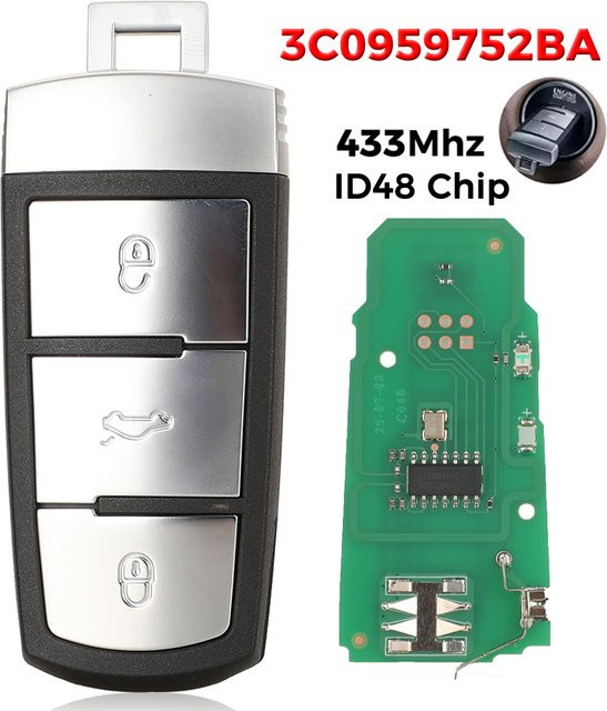 Jingyuqin Smart Remote Key 434 MHz ID48 Chip für VW Volkswagen Passat B6 3C B7 Magotan CC, 3 Tasten, Schwarz - Bild 1