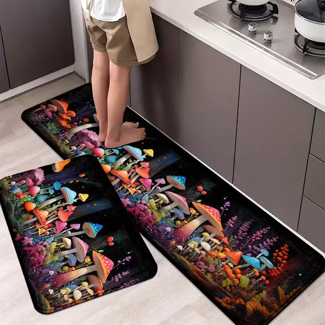 VIKAMA 2-teiliges Set Fantasy-Küchenmatten mit buntem Pilz-Design, rutschfeste Teppiche für Küche, Schlafzimmer oder Eingangsbereich, mehrfarbig - Bild 1