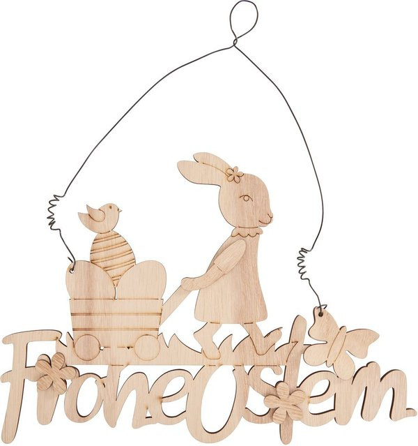 VBS Holz-Hänger Frohe Ostern aus Pappelsperrholz in Beige mit Osterhäsin, Leiterwagen und Ostereiern - Bild 1