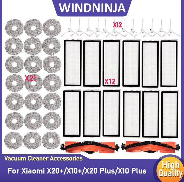 WINDNINJA Zubehör Ersatzteil Set für Xiaomi Roboterstaubsauger X20 Plus und X10 Plus mit Staubbeuteln, Wischtüchern, Haupt- und Seitenbürsten sowie HEPA-Filter - Bild 1