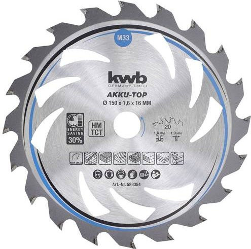 Kwb Hartmetall Kreissägeblatt für Holz und Kunststoff, Farbe: Silber, Durchmesser: 150 mm, Bohrung: 16 mm, Dicke: 1,0 mm, 20 Zähne - Bild 1