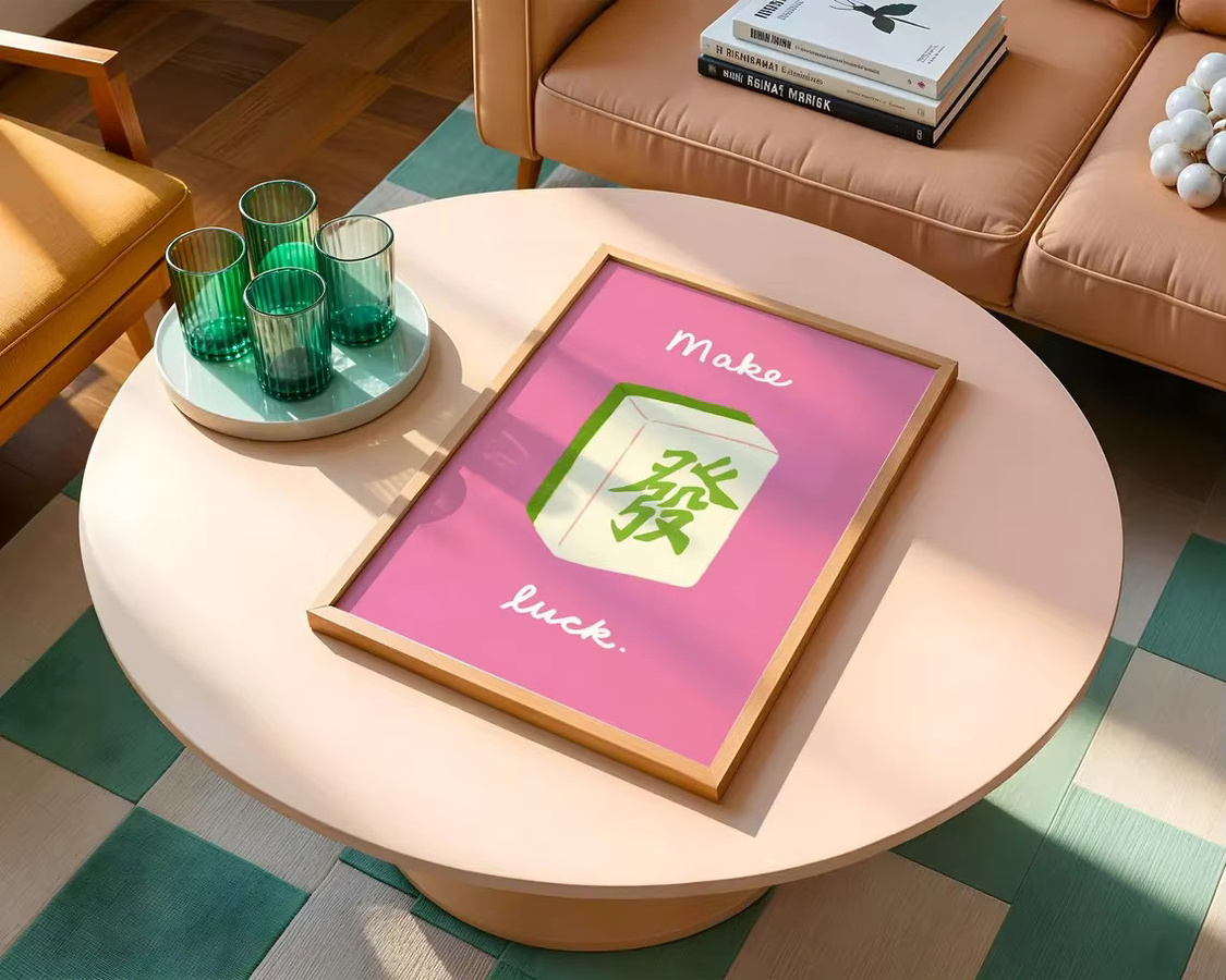 Mahjong Wandkunst SHENCHEN mit Glückszitat und Fa Cai Illustration in Rosa für dein modernes Zuhause - Bild 4