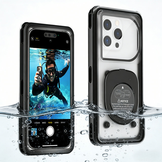 Wasserdichte Handyhülle für 6,9 Zoll Geräte in Blau und Transparent, geeignet bis 15 Meter Tiefe für iPhone, Samsung, Redmi, Vivo, Google und Oppo - Bild 1