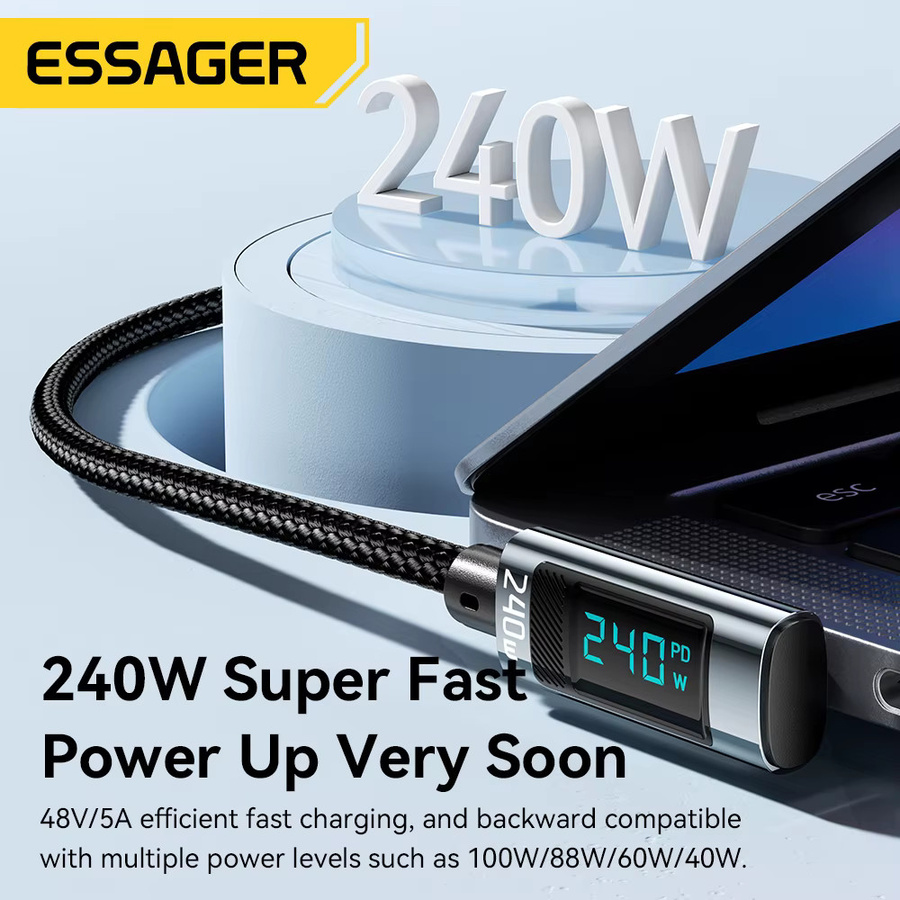 Essager USB Typ C auf USB C Kabel mit 90 Grad Winkel, 240 W PD Schnellladekabel für iPad, MacBook Pro, Xiaomi, Samsung und Huawei, Farben: Grau oder Schwarz - Bild 4