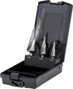 Stier Stufenbohrer Satz HSS-Co5 aus Edelstahl in Silber, 3-teilig mit den Größen 4-12 mm, 4-20 mm und 4-30 mm in Kassette - Bild 1