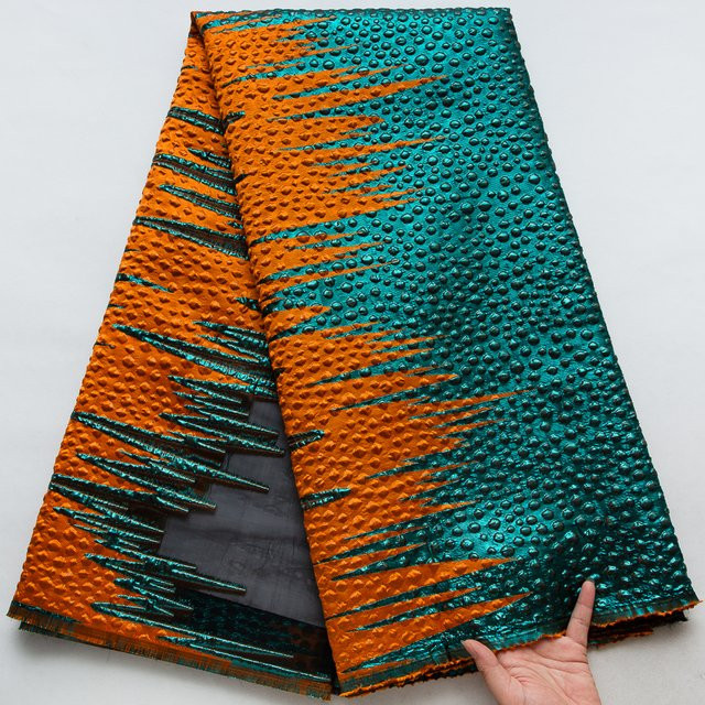 Caleefun Afrikanischer Brokatstoff Jacquardgewebe in Orange und Türkis für Couture und Kunsthandwerk - Bild 1