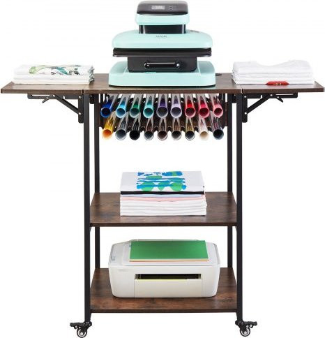 VEVOR Heat Press Tisch, 3-stufiger mobiler Gestell mit Rollen und Vinylrollenhalter, klappbarer Metall-Arbeitsplatz für Sublimations-Transfermaschinen, Braun - Bild 1