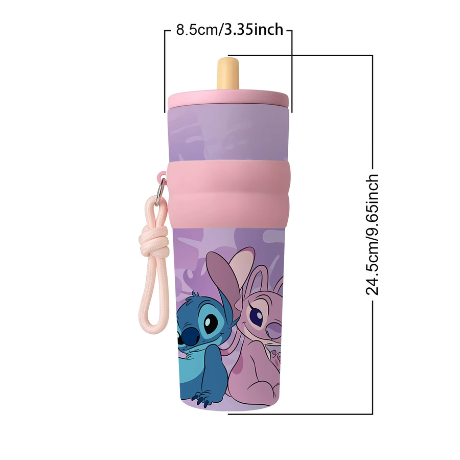Disney Stitch & Angel Edelstahl-Thermobecher mit Strohhalm und Trageschlaufe, Rosa, 24,5 oz - Bild 2