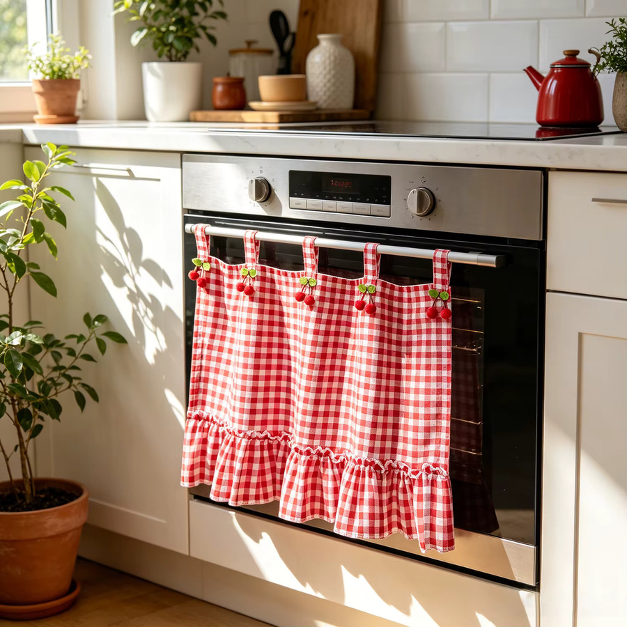 WPKIRA Kurzvorhang mit Erdbeer-Motiv in Rot-Weiß Karomuster für Küche und Schrank im Country House Stil - Bild 2