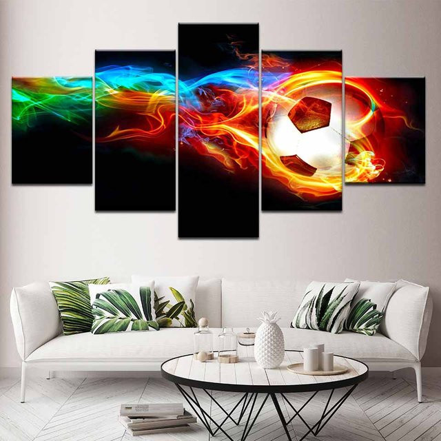 Aidegou22 5-teiliges Leinwand Set mit abstrakten Fußball und Basketball Motiven in Feuer-Optik, moderner geometrischer Wanddruck für dein Wohnzimmer, ohne Rahmen - Bild 1