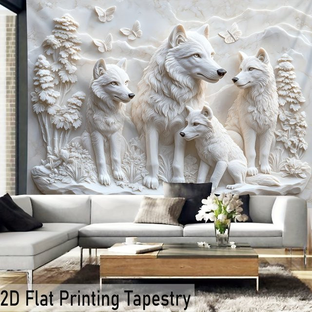 VIKAMA Harmonischer Wolfpack Wandteppich mit Wolf-Motiv in Weiß, HD-gedruckter Wandbehang für Wohnzimmer und Schlafzimmer - Bild 1