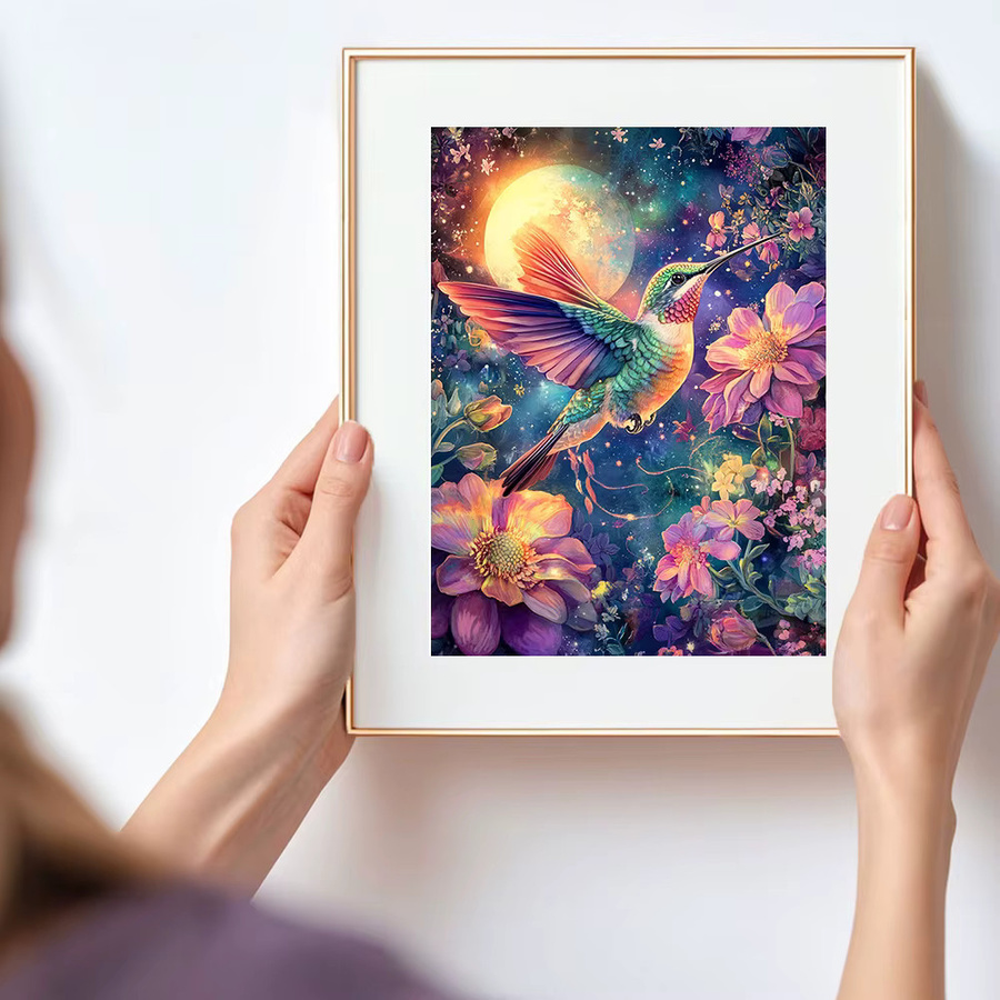 Huacan 5D DIY Diamantmalerei Wanddekoration mit Vogel, Blumen und Mond in Mehrfarbig, Durchmesser: 30 cm - Bild 3
