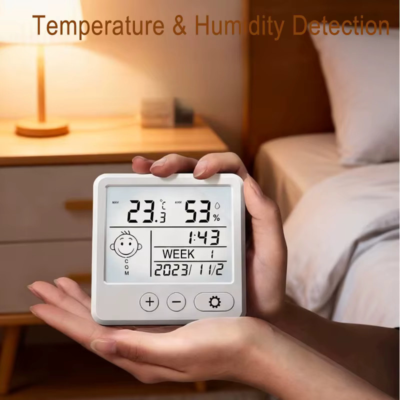 Niditon LCD-Digitalwecker als Tisch- und Wanduhr mit Datum, Temperatur und Luftfeuchtigkeit in Weiß - Bild 2