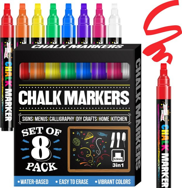 Jumbo Flüssigkreidemarker Set mit 8 Farben und 3-in-1 Spitze für Glas und Kreidetafeln, abwaschbar, 1mm/6mm Strichstärke - Bild 1