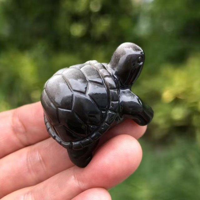 CrystalHola Natürlicher Obsidian-Dekorstein Schildkröte in Silber und Schwarz - Bild 1