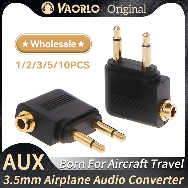 VAORLO Flugzeug Audio Adapter mit 3,5 mm AUX Stecker für Airline Reise Headsets, Schwarz - Bild 1