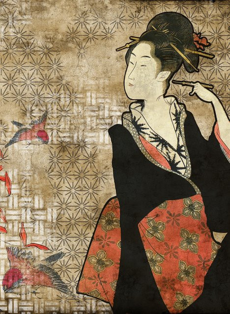 Coordonné Wandtattoo Geisha Graffiti in Beige/Rot aus Vlies mit Klebefläche - Bild 1