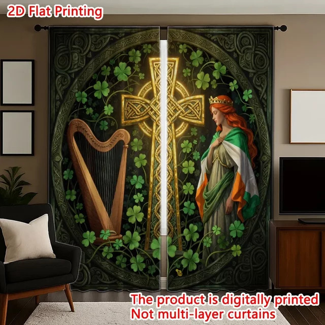 VOZMIO 2er Set St. Patrick's Day Vorhang mit keltischem Kreuz, Harfe und Mädchen in Multicolour - Bild 1
